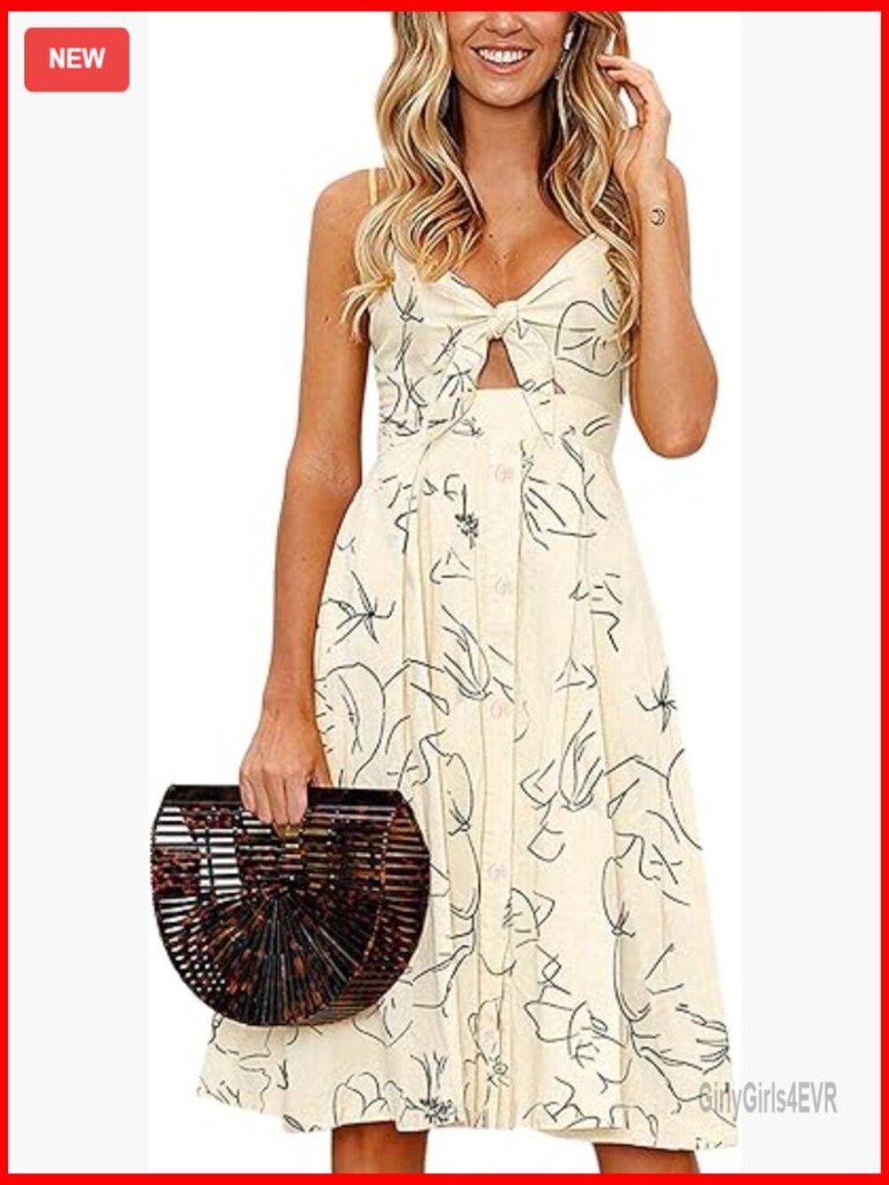 Women's Tie Front V-Neck Spaghetti Strap Swing Midi Dress Backless Summer